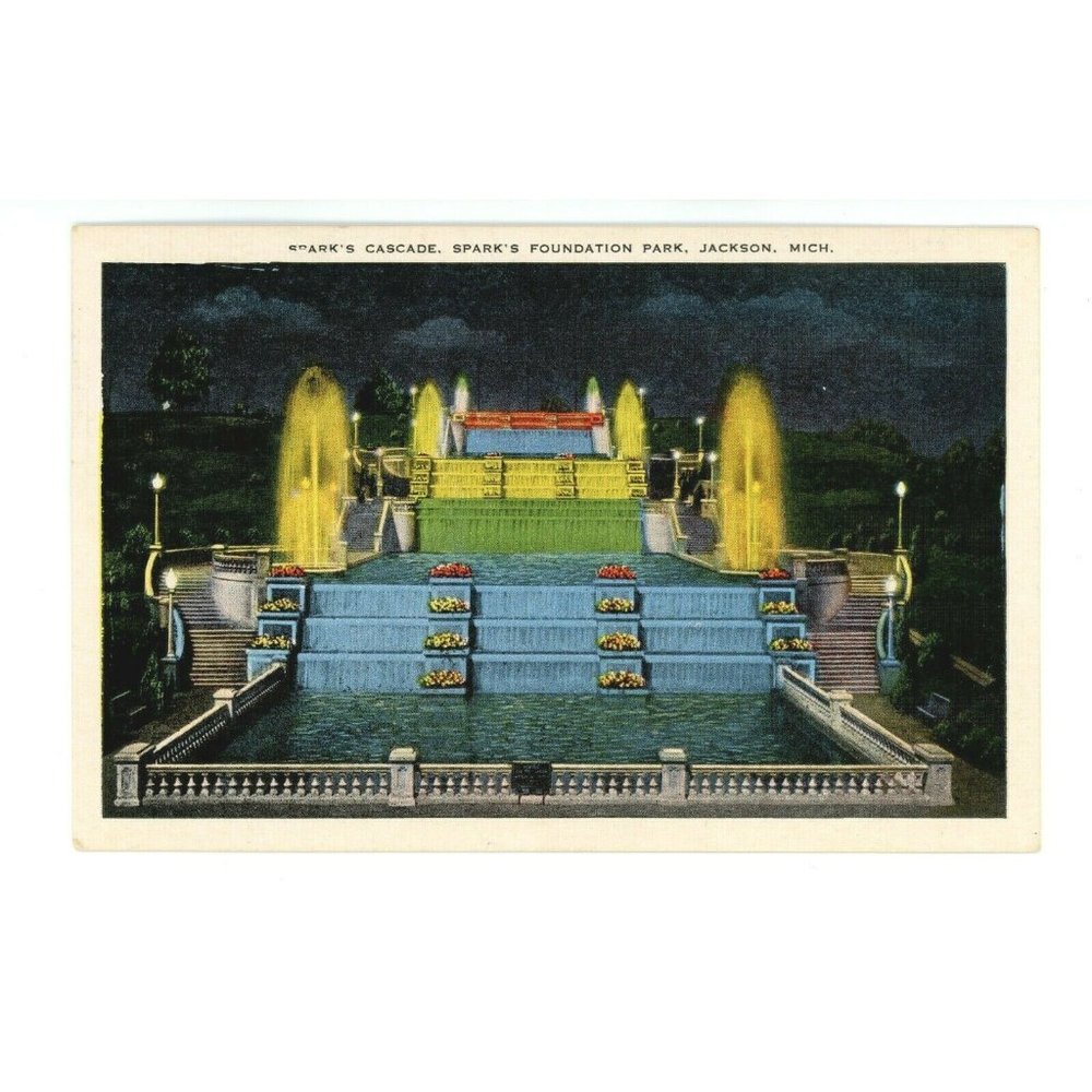 Vintage Postcard Jackson Michigan Sparks Cascade Spark Foundation‎ Park USA